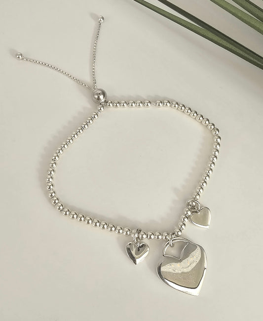 Engraved Beaded Triple Heart Adjustable Bracelet