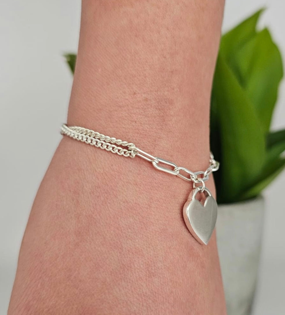 Engraved Chunky Link Heart Bracelet